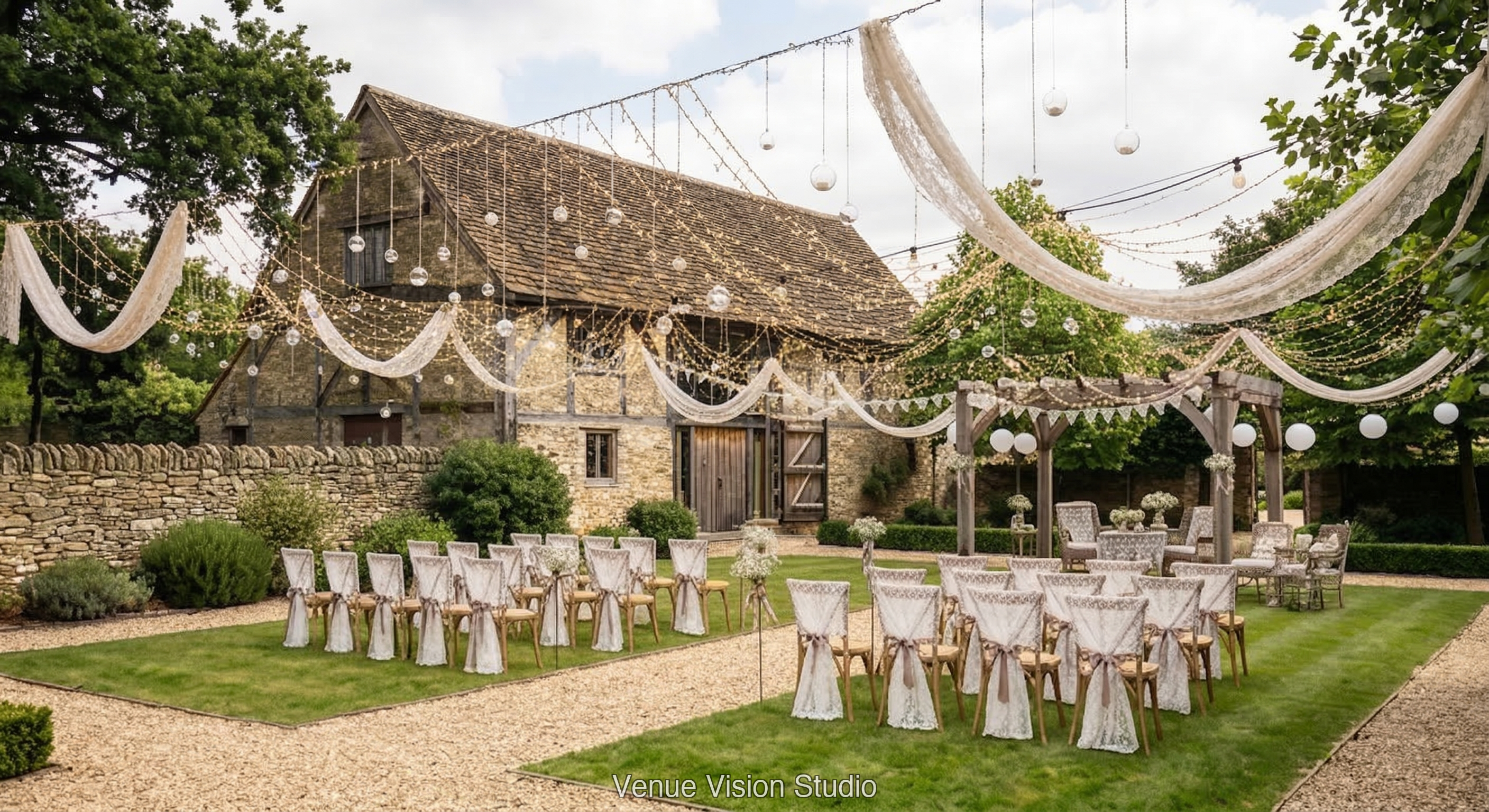 Meadowbrook Barn - Outdoor Space - Vintage Lace wedding theme - AI Visualisation