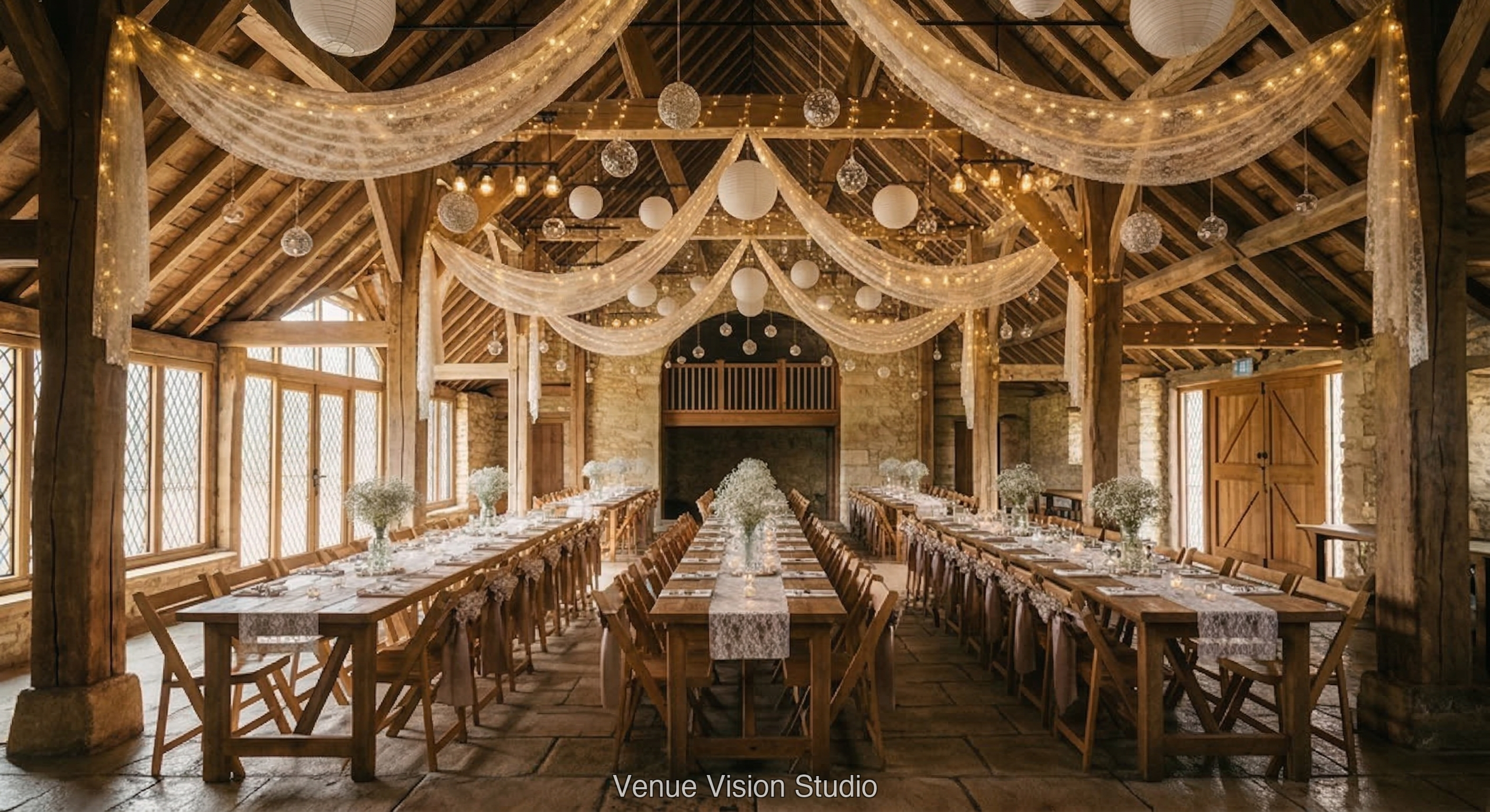 Meadowbrook Barn - Reception Room - Vintage Lace wedding theme - AI Visualisation