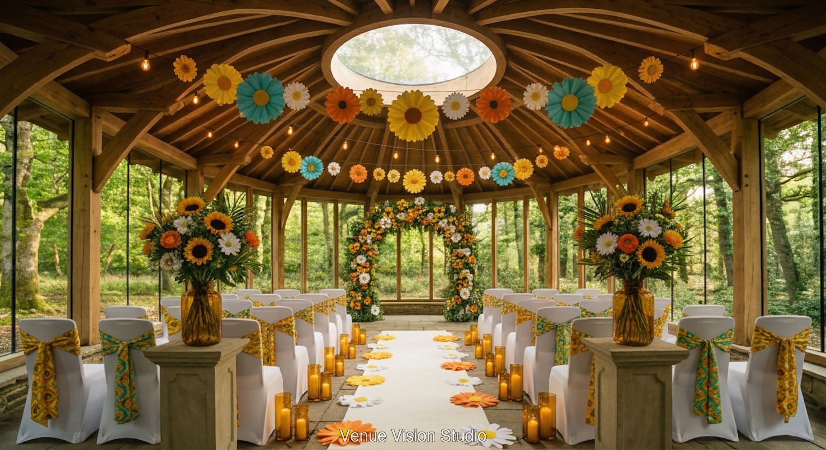 Oakmere Clearing - Ceremony Room - 60s Vibe wedding theme - AI Visualisation