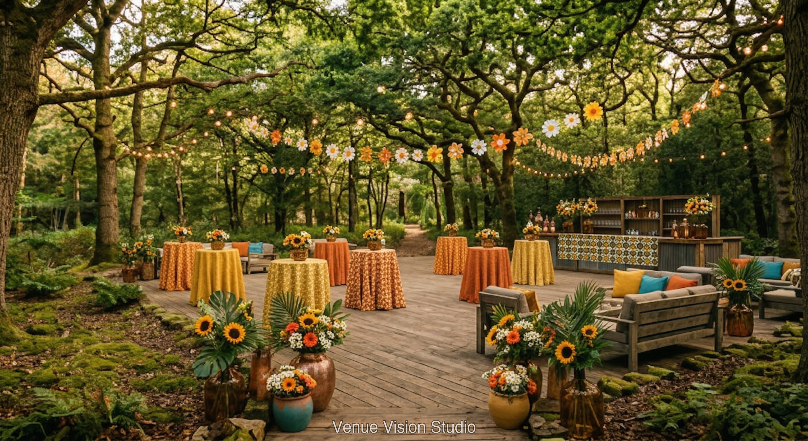 Oakmere Clearing - Outdoor Drinks Reception - 60s Vibe wedding theme - AI Visualisation