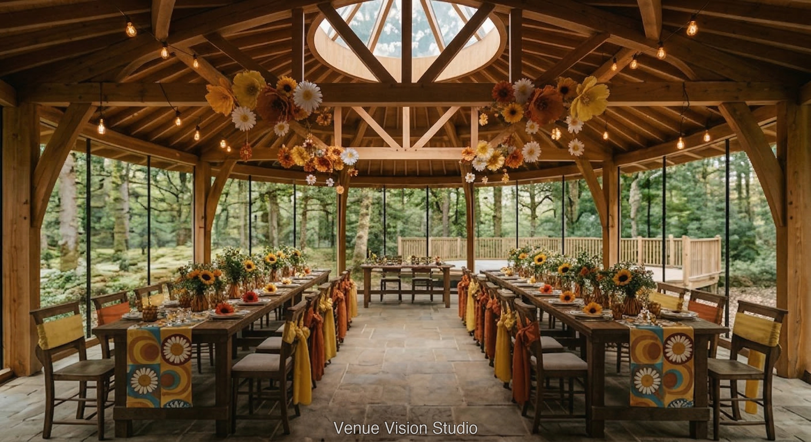Oakmere Clearing - Reception Room - 60s Vibe wedding theme - AI Visualisation