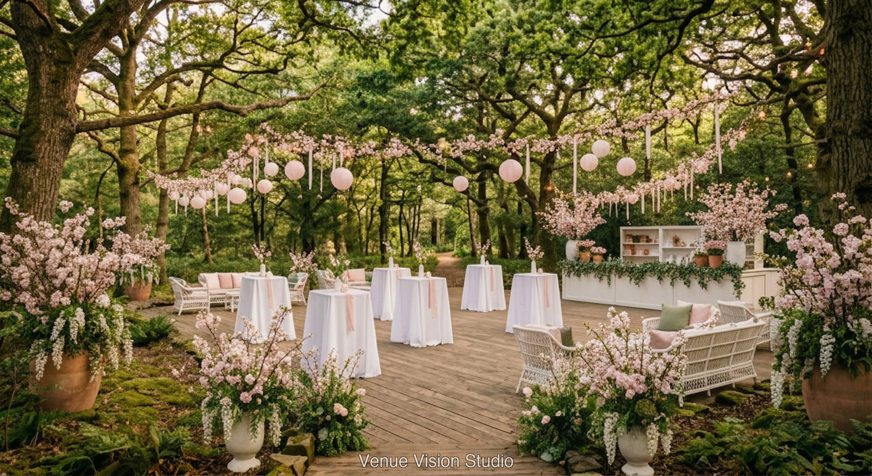 Oakmere Clearing - Outdoor Drinks Reception - Spring Blossom wedding theme - AI Visualisation