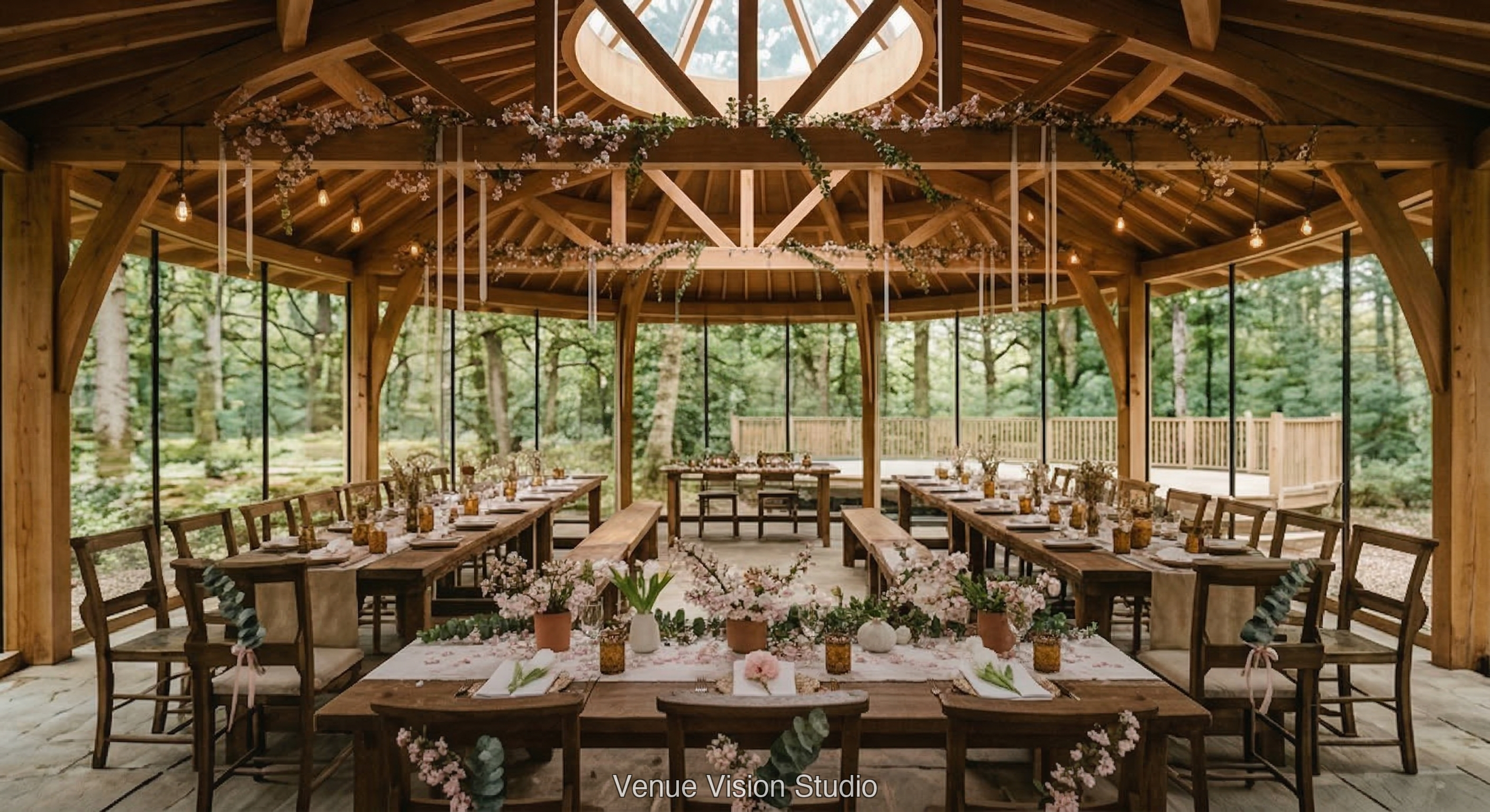 Oakmere Clearing - Reception Room - Spring Blossom wedding theme - AI Visualisation