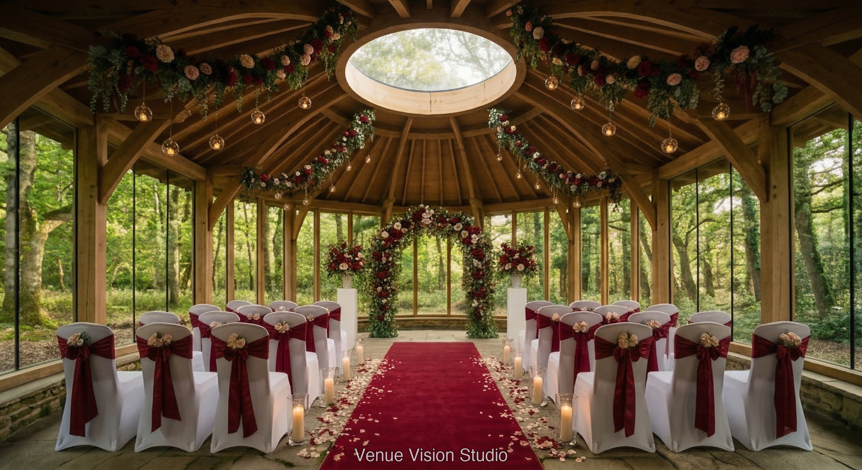 Oakmere Clearing - Ceremony Room - Valentine’s wedding theme - AI Visualisation