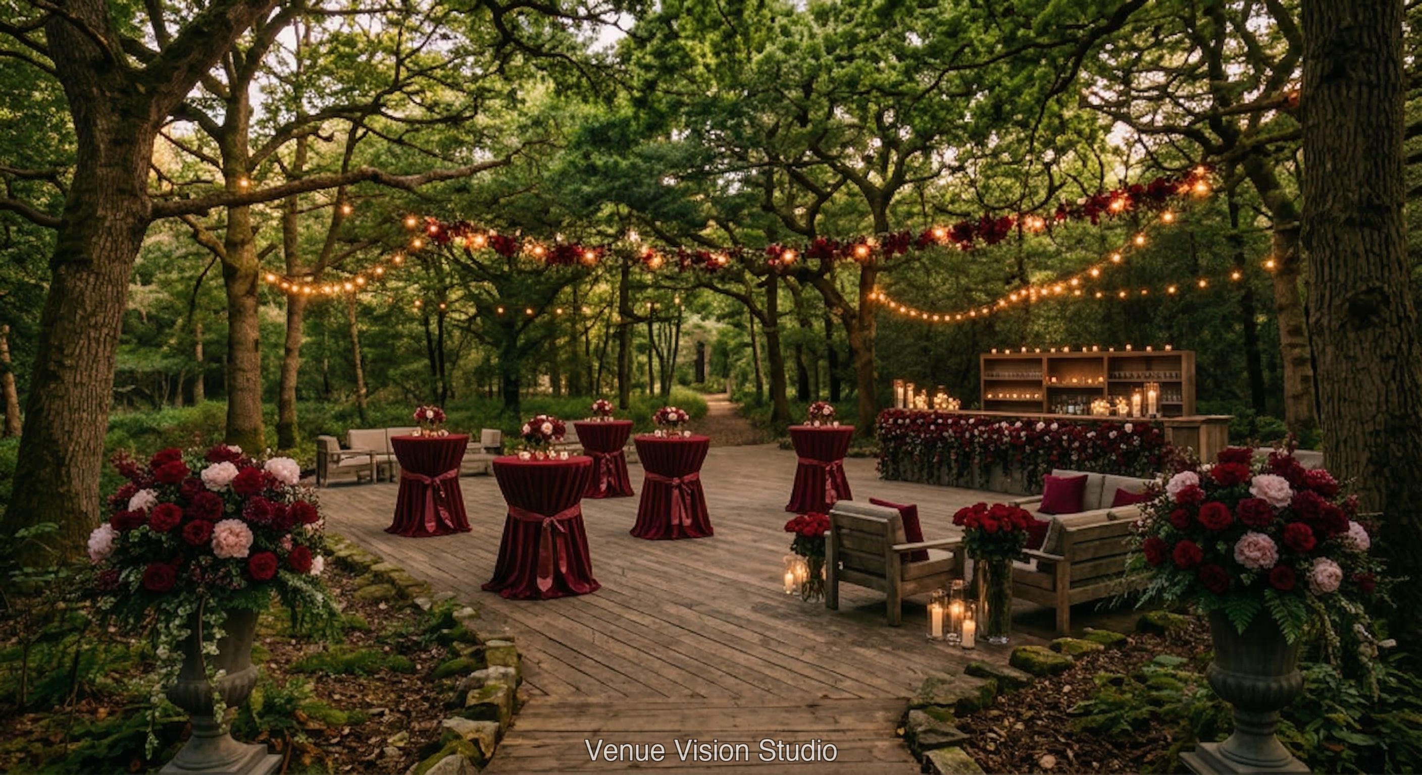 Oakmere Clearing - Outdoor Drinks Reception - Valentine’s wedding theme - AI Visualisation