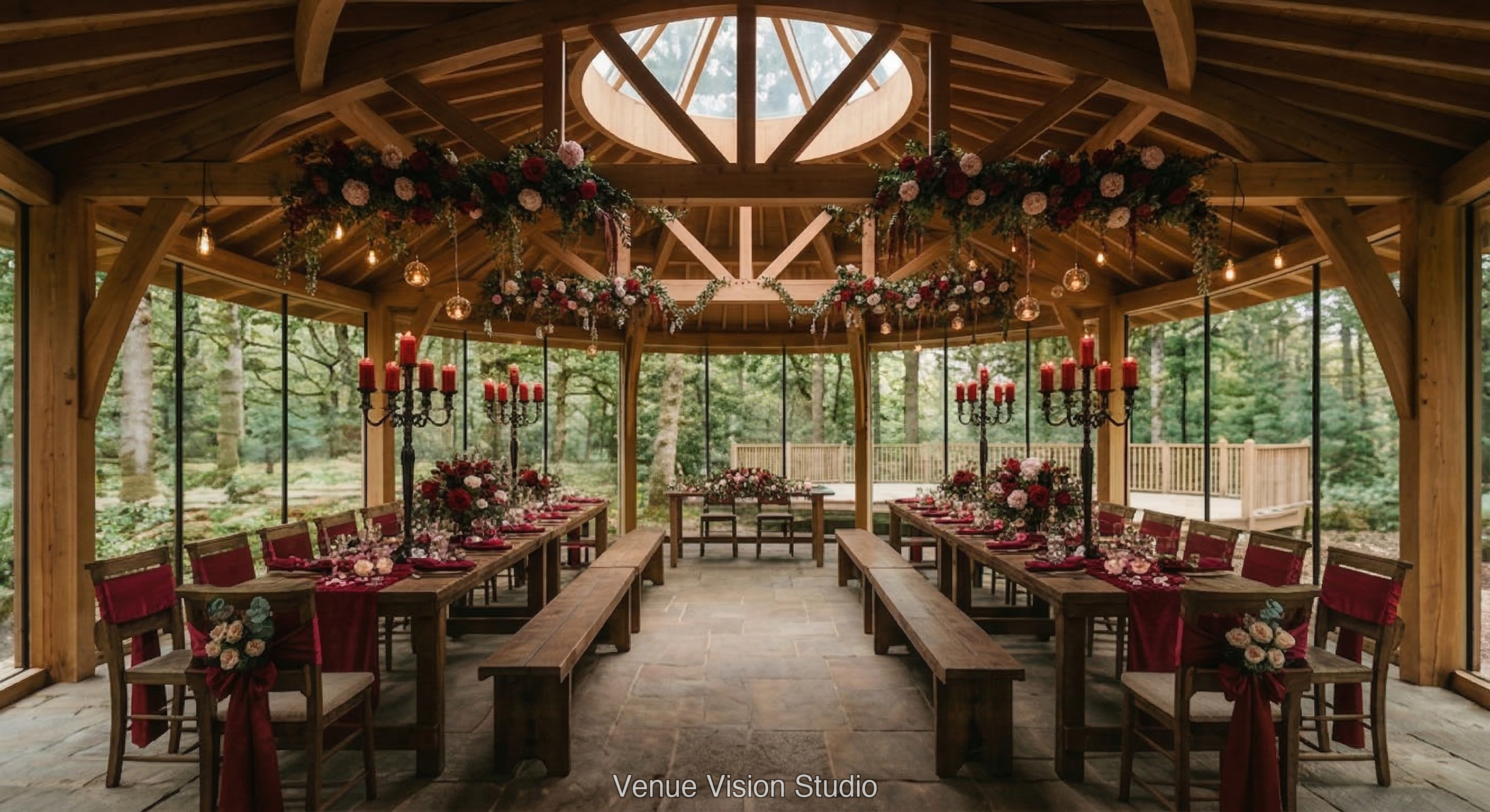 Oakmere Clearing - Reception Room - Valentine’s wedding theme - AI Visualisation