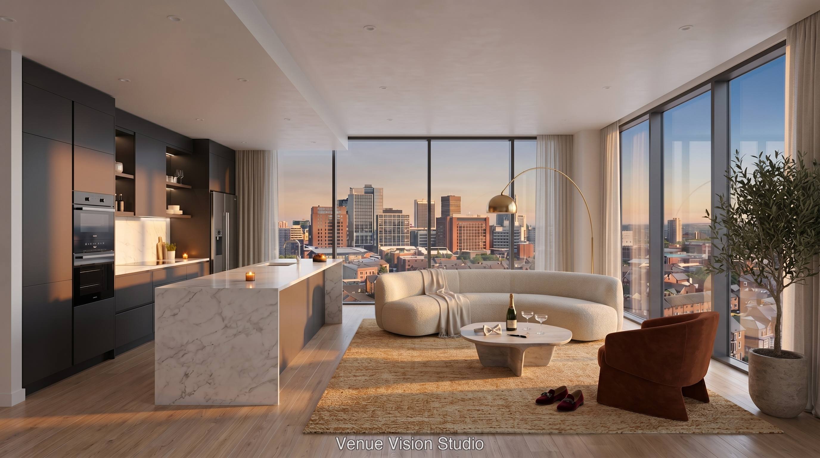 Off-plan apartment fully fitted out at golden hour - AI Visualisation