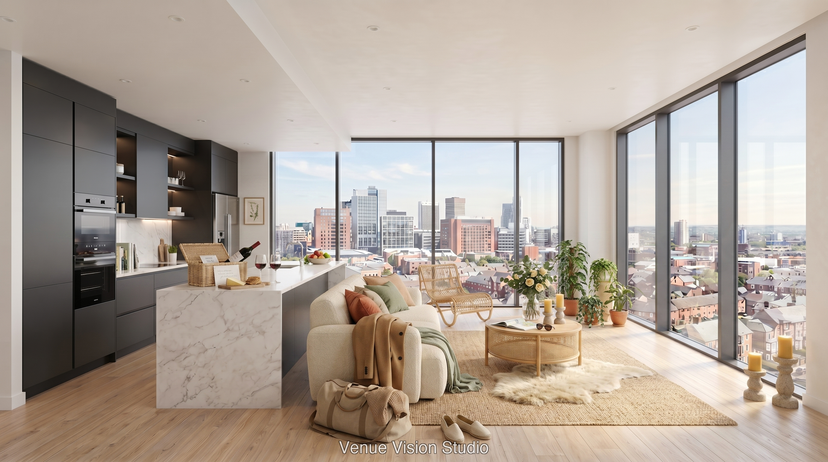 Short-Stay Ready — living and kitchen — AI Visualisation