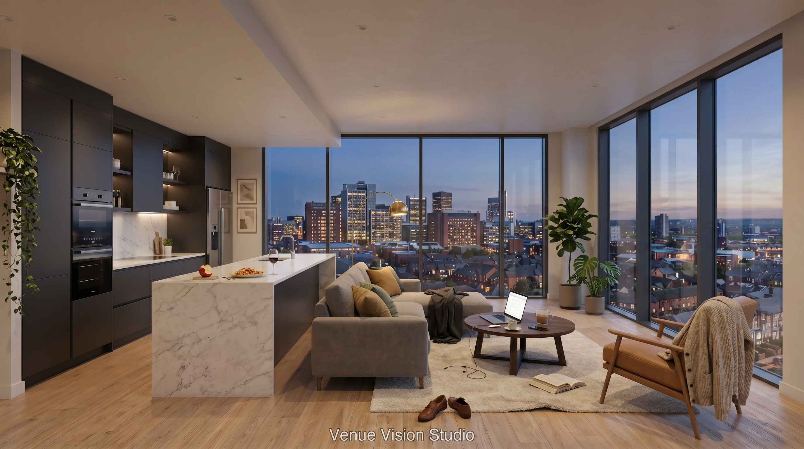 Tenanted Professional — living and kitchen — AI Visualisation